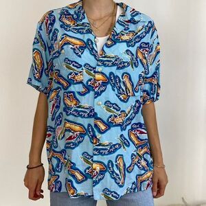 Guess Men’s Best Places To Fish Button Down Shirt Sz XL Blue Vacation Vintage